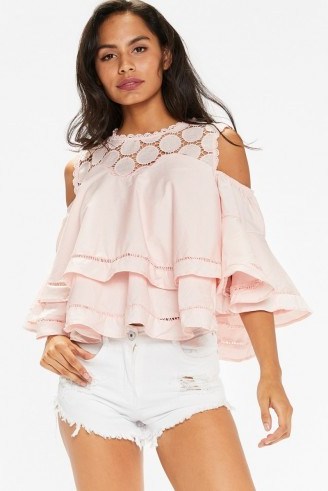 MissPap Meaghan Pink Layered Crochet Bell Sleeved Top – cold shoulder ruffle tops – ruffled summer fashion – feminine - flipped