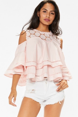 MissPap Meaghan Pink Layered Crochet Bell Sleeved Top – cold shoulder ruffle tops – ruffled summer fashion – feminine