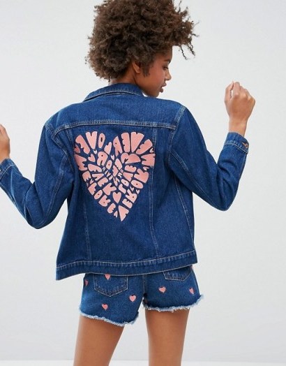 Monki Heart Stencil Back Denim Jacket. Classic blue denim jackets | casual fashion - flipped