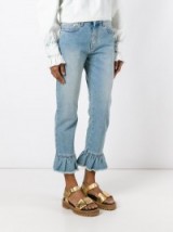 MSGM ruffle-trimmed cropped jeans. Blue denim ruffle hem cropped jeans | crop leg