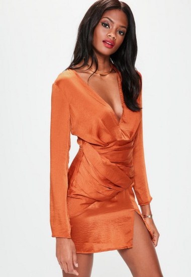 missguided orange silky long sleeve panelled dress ~ plunge front mini dresses ~ party fashion - flipped