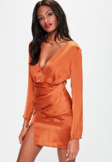 missguided orange silky long sleeve panelled dress ~ plunge front mini dresses ~ party fashion