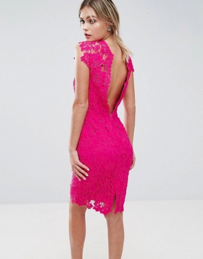 Paper Dolls Midi Lace Dress with Scalloped Back Fuschia. Hot pink plunge/open back dresses | bright | feminine | plunging fashion - flipped