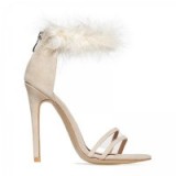 EGO Peace Perspex Detail Fluffy Strap Heel In Nude Faux Suede – pale pink fur sandals – high heels – going out shoes – party footwear