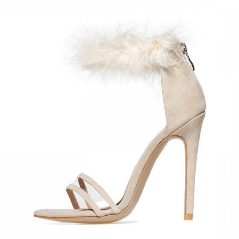 EGO Peace Perspex Detail Fluffy Strap Heel In Nude Faux Suede – pale pink fur sandals – high heels – going out shoes – party footwear - flipped