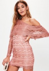 missguided pink lace one shoulder long sleeve bodycon dress ~ going out ~ fitted dresses ~ evening style fashion