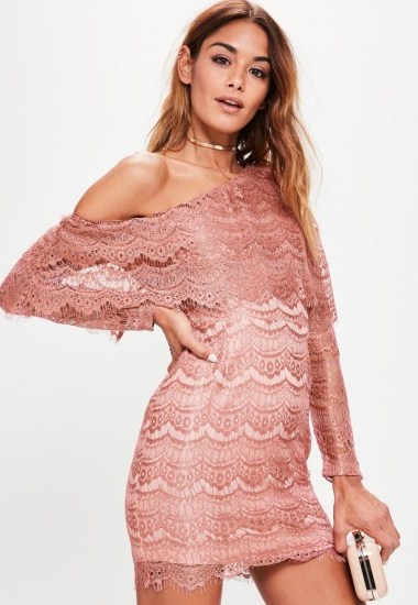missguided pink lace one shoulder long sleeve bodycon dress ~ going out ~ fitted dresses ~ evening style fashion - flipped