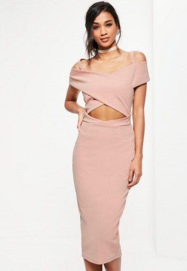 Missguided pink crepe bardot strap detail midi dress – cut out party dresses – off the shoulder going out fashion - flipped