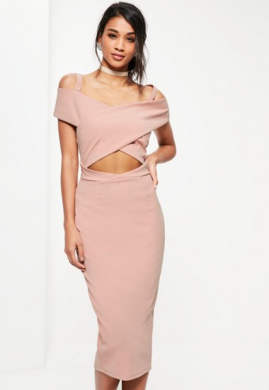 Missguided pink crepe bardot strap detail midi dress – cut out party dresses – off the shoulder going out fashion