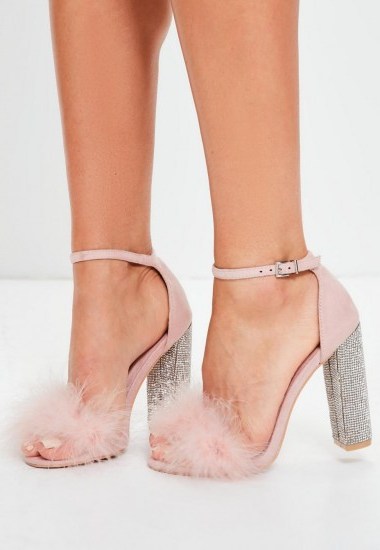 missguided pink glitter and feather block heel sandals ~ fluffy ankle strap shoes - flipped
