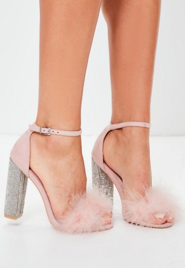 missguided pink glitter and feather block heel sandals ~ fluffy ankle strap shoes