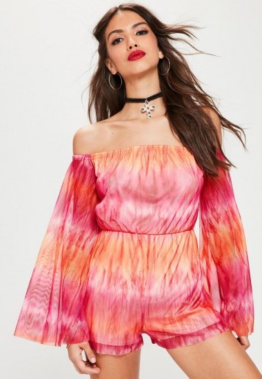 Missguided pink mesh flare long sleeve bardot tie dye playsuit – boho babe – off the shoulder playsuits – festival clothing – bohemian summer fashion - flipped