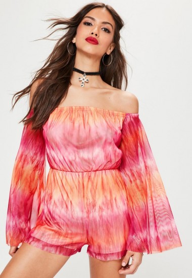 Missguided pink mesh flare long sleeve bardot tie dye playsuit – boho babe – off the shoulder playsuits – festival clothing – bohemian summer fashion