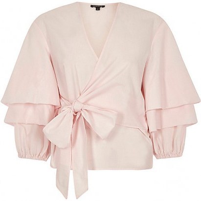 River Island Pink puff frill sleeve tie front top ~ frilly tops ~ feminine ~ pretty ~ layered sleeves - flipped