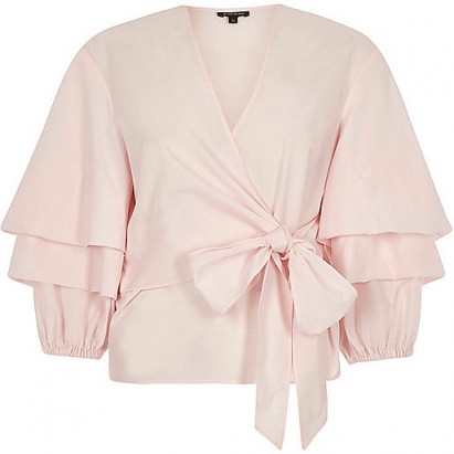 River Island Pink puff frill sleeve tie front top ~ frilly tops ~ feminine ~ pretty ~ layered sleeves