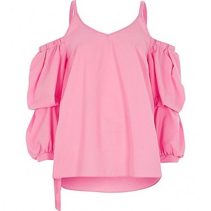 River Island Pink puff sleeve cold shoulder top – pretty summer tops - flipped