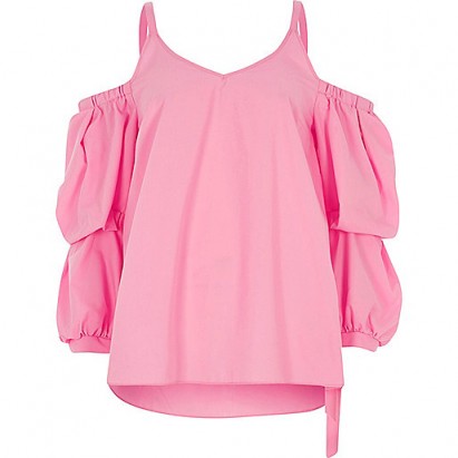 River Island Pink puff sleeve cold shoulder top – pretty summer tops