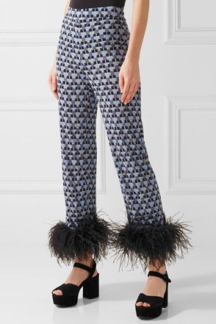 PRADA Feather-trimmed printed crepe de chine straight-leg pants – as worn by Katy Perry attending a Pre-MET gala dinner in New York, 30 April 2017. Celebrity trousers | star style fashion - flipped