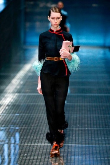 PRADA Feather-trimmed black silk-chiffon trousers. Sheer pants | designer fashion - flipped