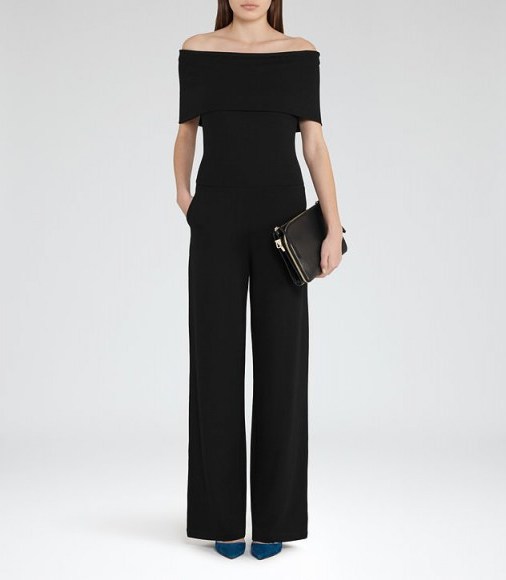 reiss RAFFI OFF-THE-SHOULDER JUMPSUIT BLACK ~ chic evening style ~ bardot jumpsuits ~ occasion wear - flipped