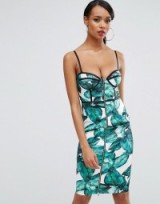 Rare London Panelled Pencil Dress In Leaf Print Green Multi. Thin strap plunge front dresses | strappy fitted fashion | plunging neckline