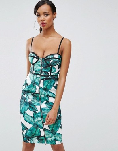 Rare London Panelled Pencil Dress In Leaf Print Green Multi. Thin strap plunge front dresses | strappy fitted fashion | plunging neckline - flipped