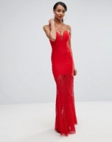Rare London Sweetheart Plunge Maxi Dress With Lace Skirt Red. Long evening dresses | plunging necklines | strappy front occasion wear | low cut neckline