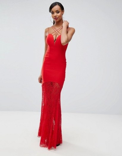 Rare London Sweetheart Plunge Maxi Dress With Lace Skirt Red. Long evening dresses | plunging necklines | strappy front occasion wear | low cut neckline - flipped
