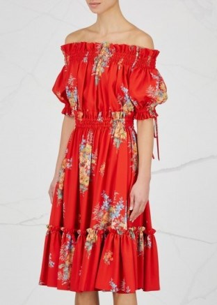 ALEXANDER MCQUEEN Red floral-print off-the-shoulder silk dress ~ boho summer dresses ~ chic bohemian fashion - flipped
