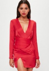 missguided red silky long sleeve panelled shift dress – plunge front mini dresses – long sleeve – evening fashion – going out