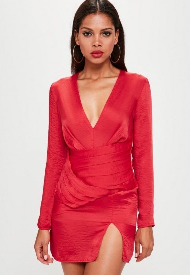 missguided red silky long sleeve panelled shift dress – plunge front mini dresses – long sleeve – evening fashion – going out - flipped