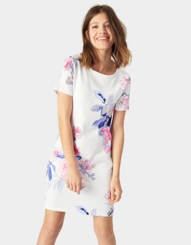JOULES RIVIERA PRINTED JERSEY T-SHIRT DRESS WHITE BEAU STRIPE ~ floral print short sleeve dresses ~ casual flower printed fashion - flipped