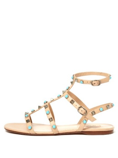 VALENTINO Rockstud Rolling leather flat sandals nude. Summer flats | turquoise stone studded holiday shoes | embellished flat gladiator | strappy | ankle strap - flipped