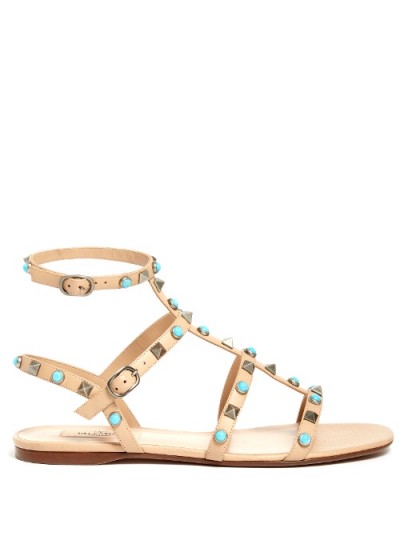 VALENTINO Rockstud Rolling leather flat sandals nude. Summer flats | turquoise stone studded holiday shoes | embellished flat gladiator | strappy | ankle strap