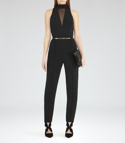 reiss ROSE MESH-DETAIL JUMPSUIT BLACK ~ sleeveless tailored jumpsuits ~ chic evening wear - flipped