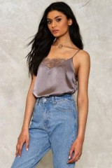 NASTY GAL Sadie Satin Cami Top ~ silver lace trim camisole ~ thin strap tops ~ strappy ~ feminine ~ camisoles ~ silky