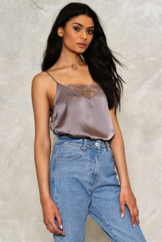 NASTY GAL Sadie Satin Cami Top ~ silver lace trim camisole ~ thin strap tops ~ strappy ~ feminine ~ camisoles ~ silky - flipped