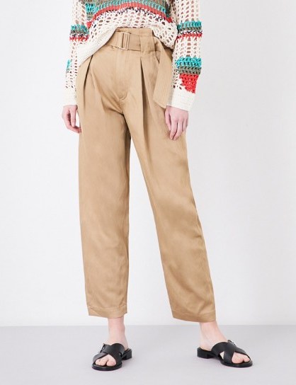 SANDRO Wide-leg cropped linen trousers. Camel crop leg pants | designer fashion - flipped