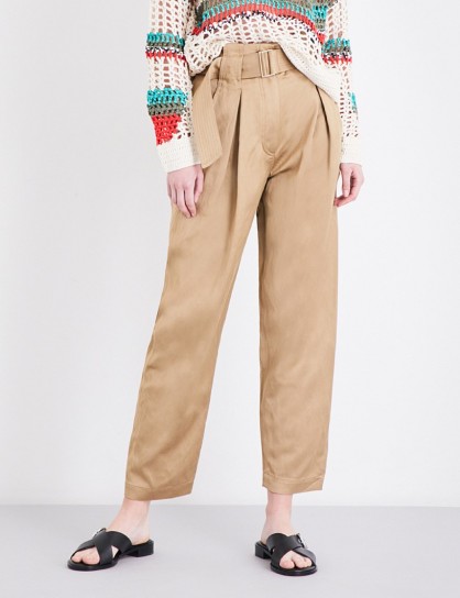 SANDRO Wide-leg cropped linen trousers. Camel crop leg pants | designer fashion