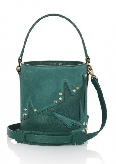 meli melo santina mini bucket bag forest green wonderplant – small leather and suede crossbody – luxe studded bags – stud handbags - flipped