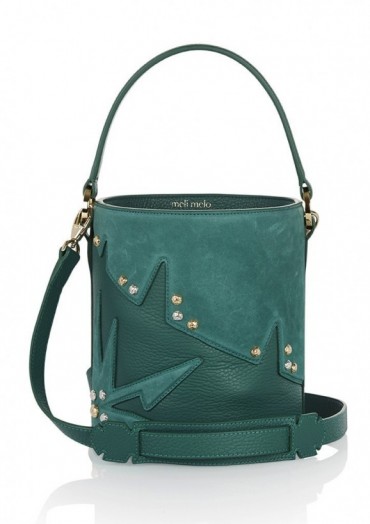 meli melo santina mini bucket bag forest green wonderplant – small leather and suede crossbody – luxe studded bags – stud handbags