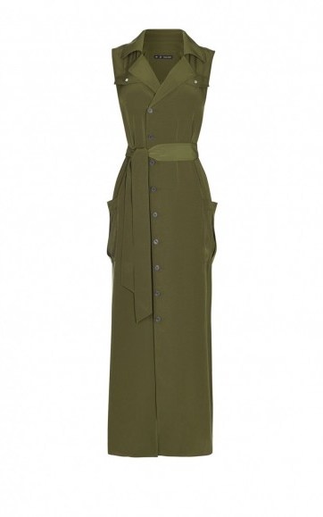 Karen Millen SATIN KHAKI SHIRT DRESS ~ sleeveless summer dresses ~ safari style - flipped