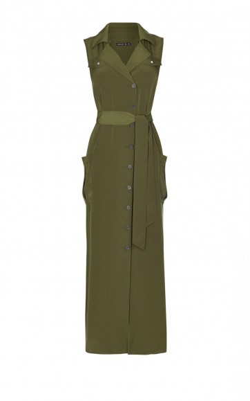 Karen Millen SATIN KHAKI SHIRT DRESS ~ sleeveless summer dresses ~ safari style