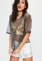 missguided silver metallic double layer foil mesh top ~ sheer tops ~ gold bralet ~ see-through tees ~ bralets