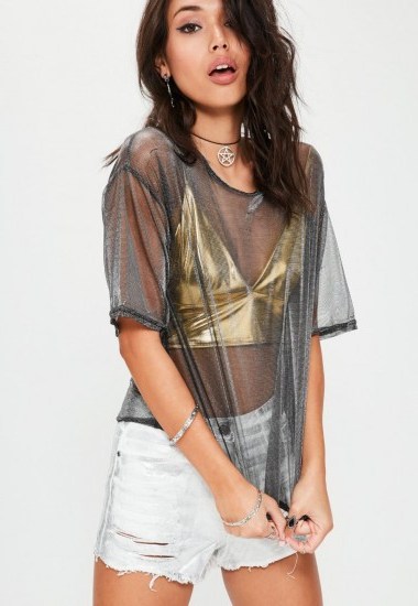 missguided silver metallic double layer foil mesh top ~ sheer tops ~ gold bralet ~ see-through tees ~ bralets - flipped