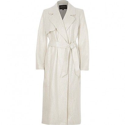 River Island Silver metallic trench coat ~ long chic statement coats ~ belted wrap style outerwear ~ stylish