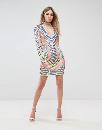 Starlet Multi Embellished Mini Dress with Choker Detail. Long sleeve beaded bodycon dresses | plunge front occasion wear | bead embellishment | plunging necklines | cut out back evening fashion - flipped
