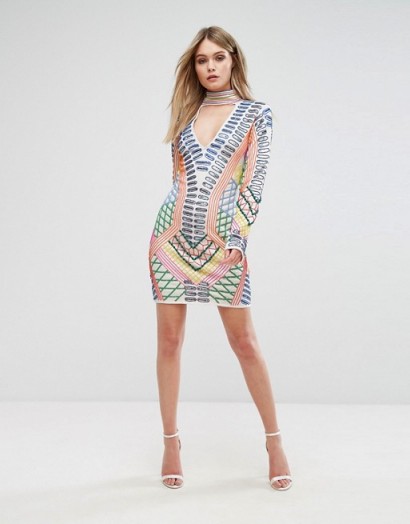 Starlet Multi Embellished Mini Dress with Choker Detail. Long sleeve beaded bodycon dresses | plunge front occasion wear | bead embellishment | plunging necklines | cut out back evening fashion