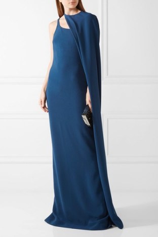 STELLA MCCARTNEY Mirabella cape-effect stretch-cady gown blue – in the style of Queen Letizia of Spain, while attending the birthday party of King Willem-Alexander of the Netherlands, 29 April 2017. Celebrity gowns | royal occasion fashion - flipped