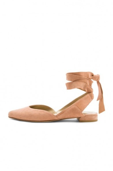 STUART WEITZMAN SUPERSONIC FLAT NAKED SUEDE. Nude ankle tie/wrap flats | chic summer shoes - flipped